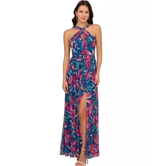 Adrianna Papell Chiffon Halter Gown size 10, Multicolor Floral | NEW $249 - Picture 1 of 5